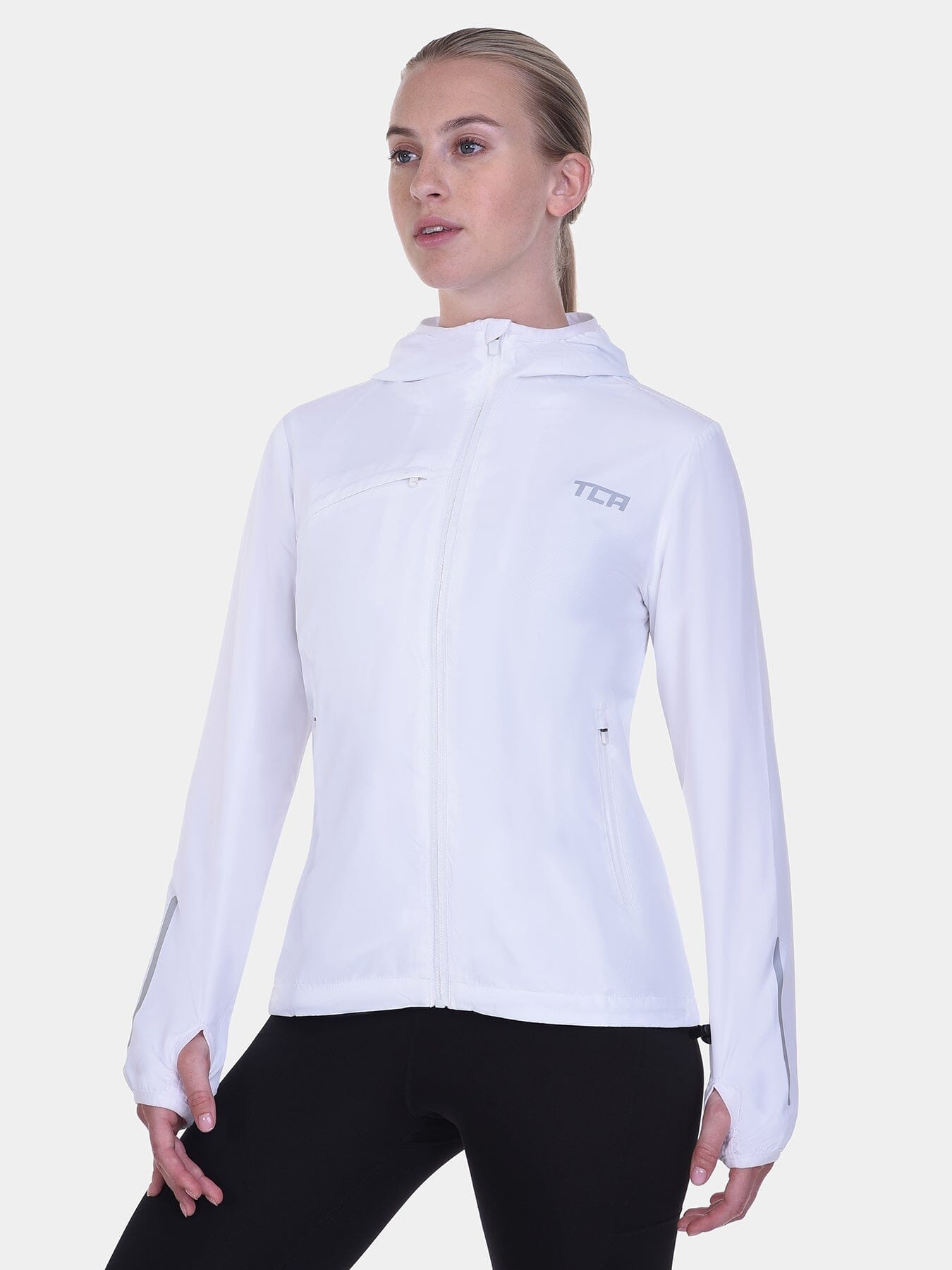 Softshell Packable Running Water Repellant Hooded Jacket For Women With Thumbholes, Reflective Strips & Zip Pockets